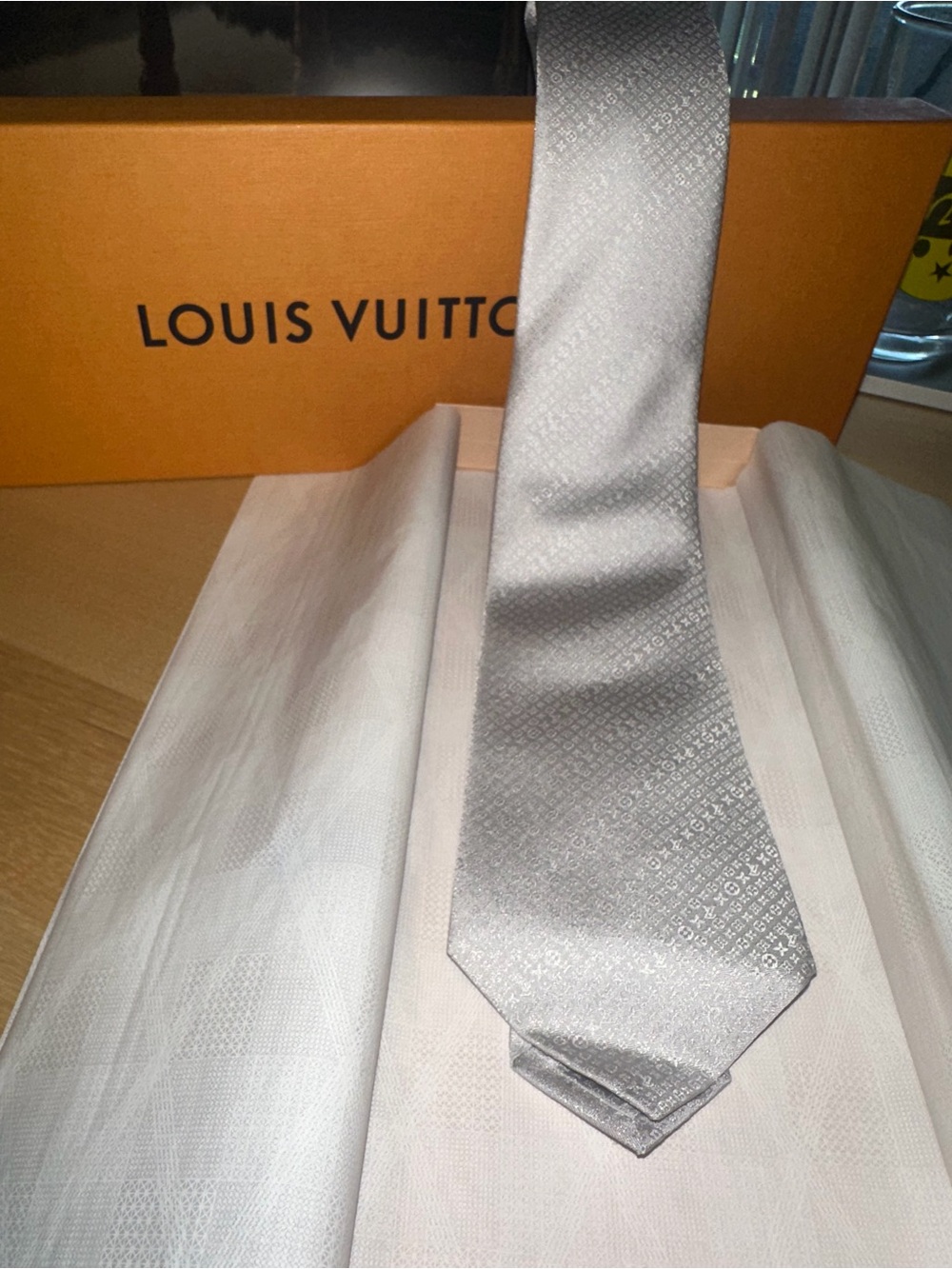 Louis Vuitton Silver Gray Monogram Silk Tie